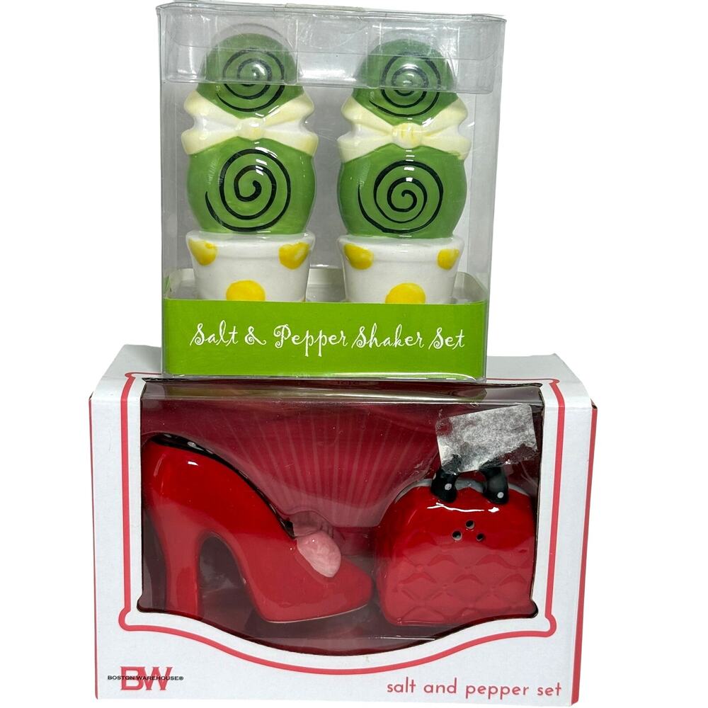 Lot of 2 Ceramic Salt Pepper Shakers Red Heel Shoe & Purse Topiary Polka Dot Pot